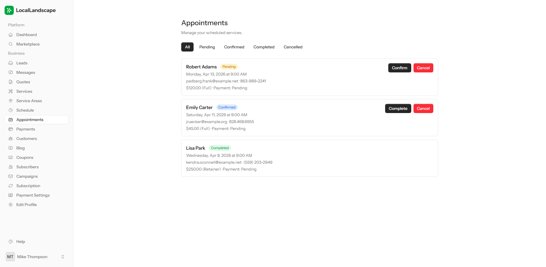 LocalLandscape appointments page with status filter tabs and appointment cards showing customer details with Confirm and Complete buttons