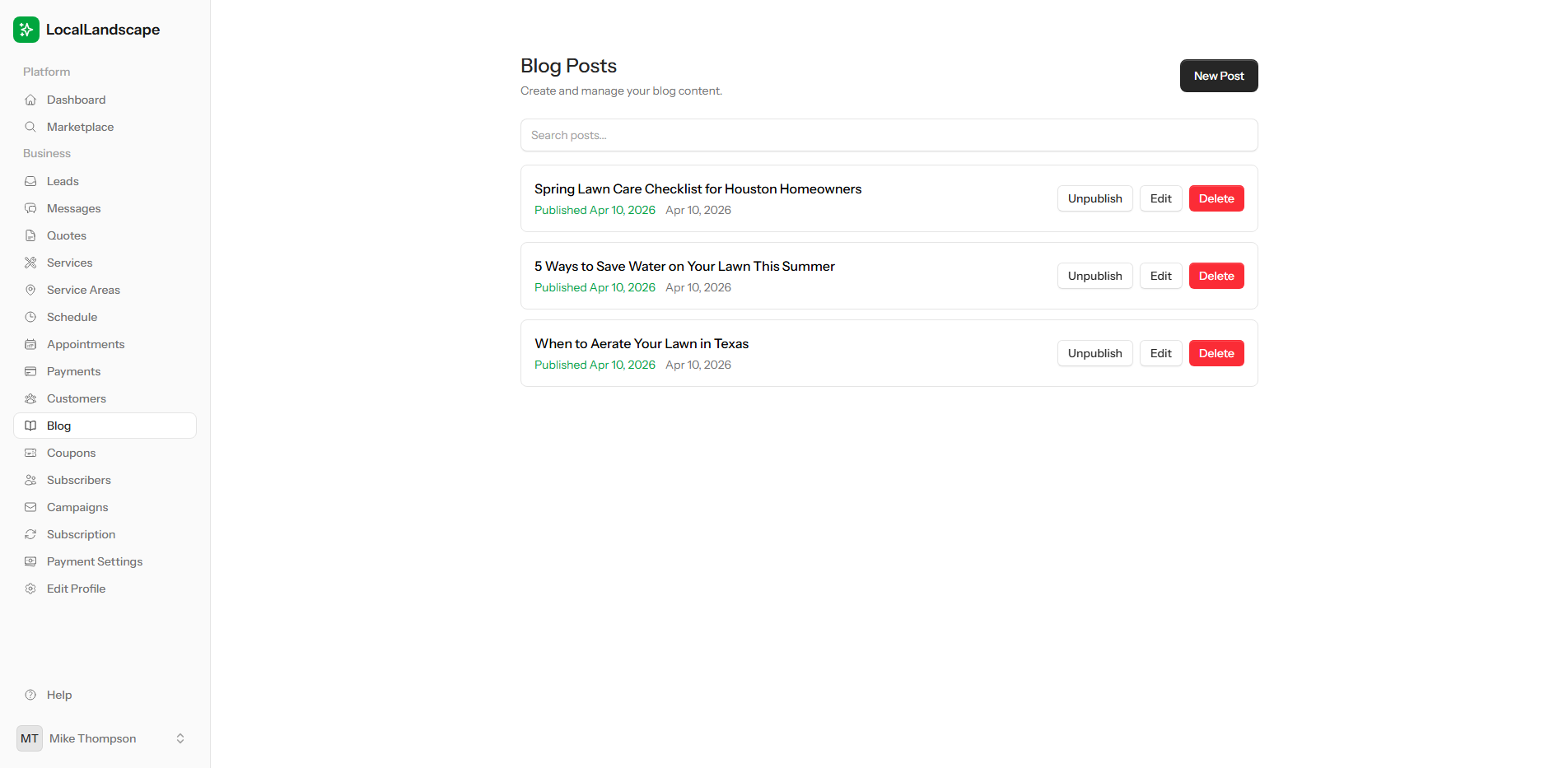 LocalLandscape blog management showing three published posts with titles, dates, and edit and delete buttons