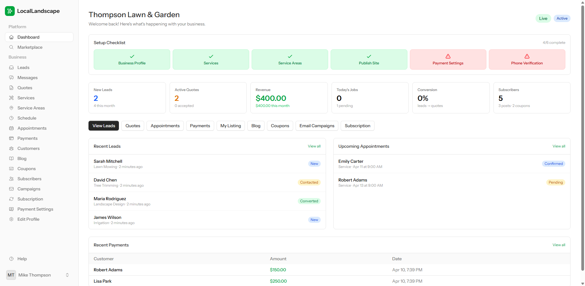 LocalLandscape full dashboard overview showing leads, appointments, revenue stats, and navigation — the same experience available on the mobile app
