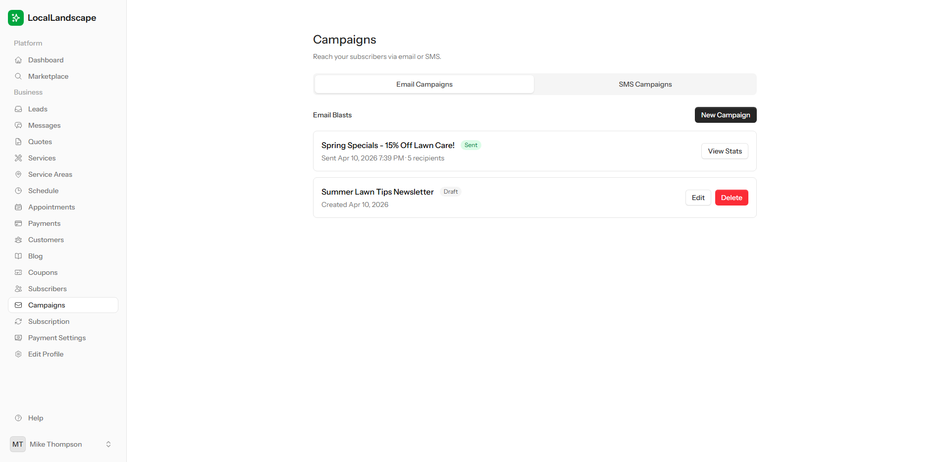 LocalLandscape email campaign manager showing sent and draft campaigns with subject lines, send dates, and view stats button