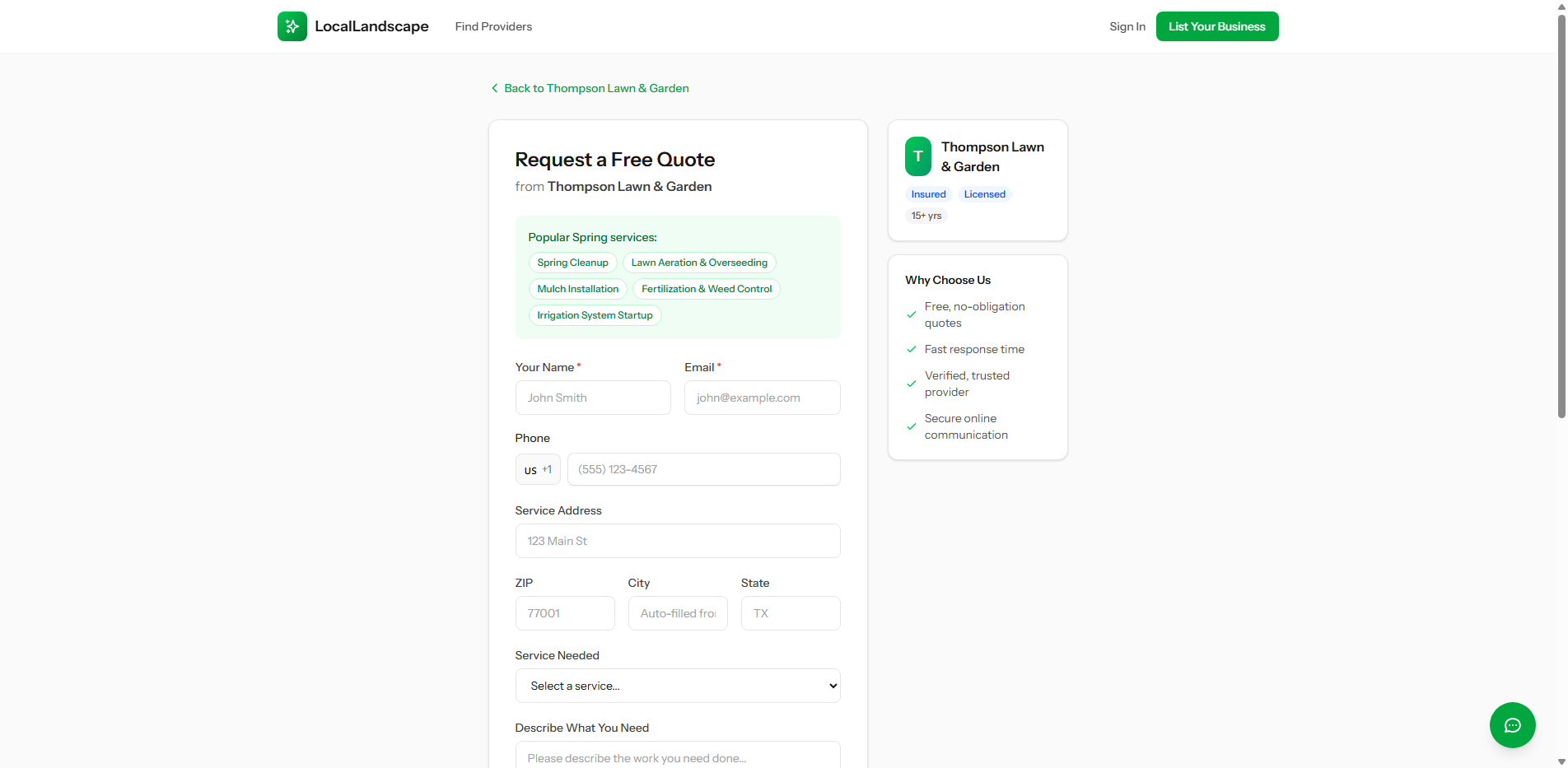 LocalLandscape public lead form showing the phone field with US country code selector — verified numbers trigger instant SMS notifications to the provider
