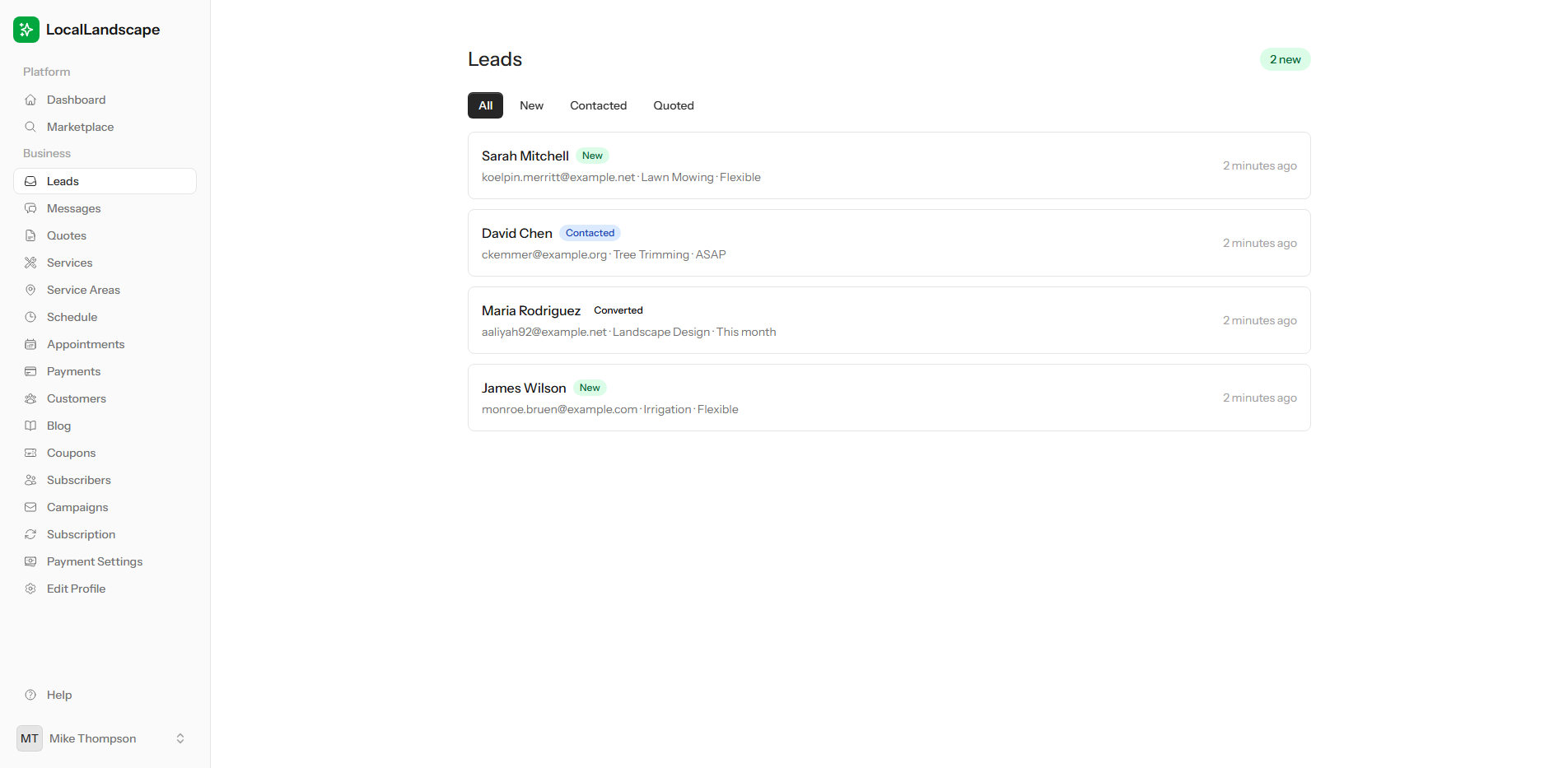 LocalLandscape lead management inbox showing customer inquiries with status badges for new, contacted, and converted leads