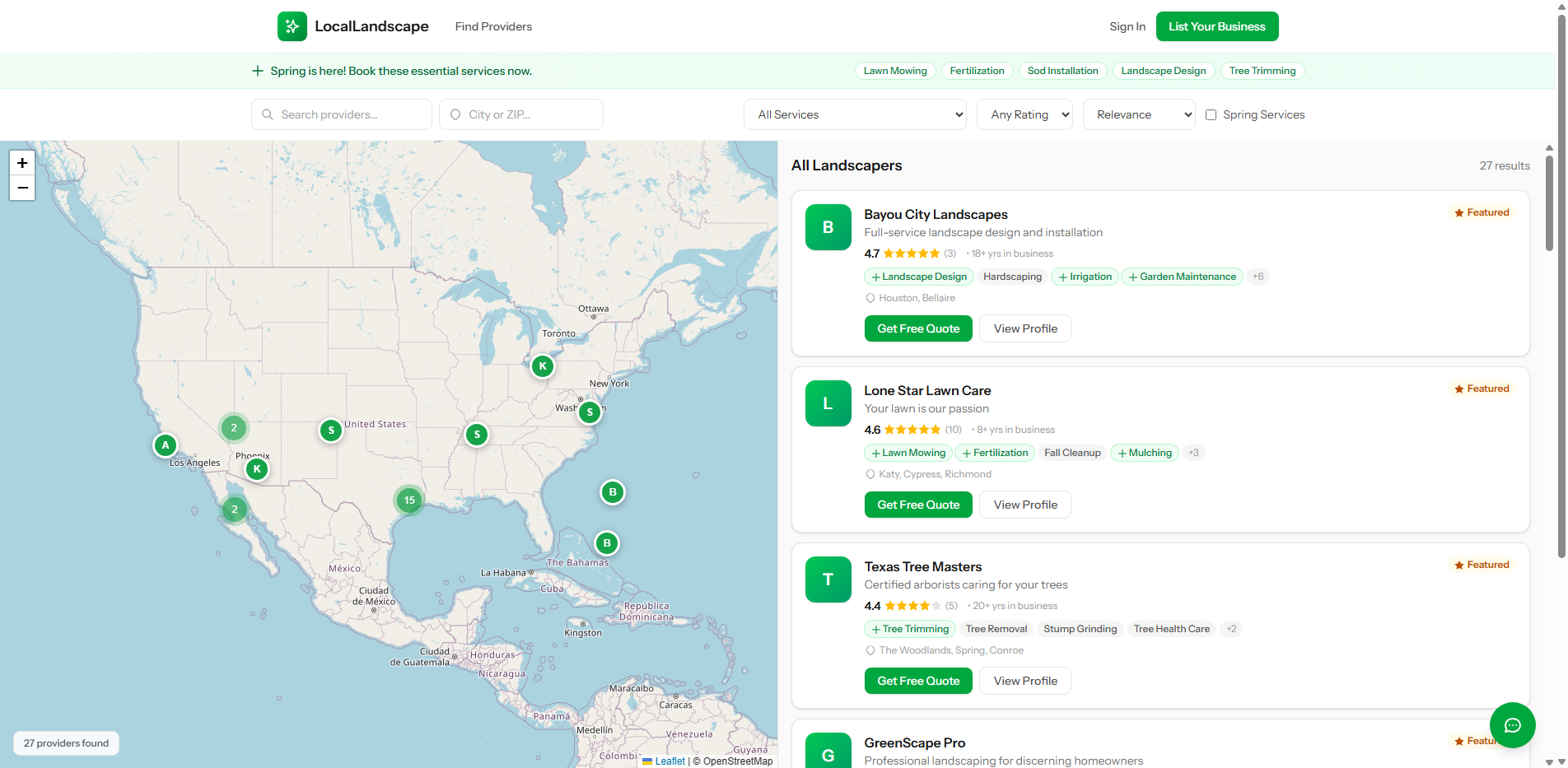 LocalLandscape marketplace with interactive map showing provider locations and listing cards with ratings, services, and Get Free Quote buttons