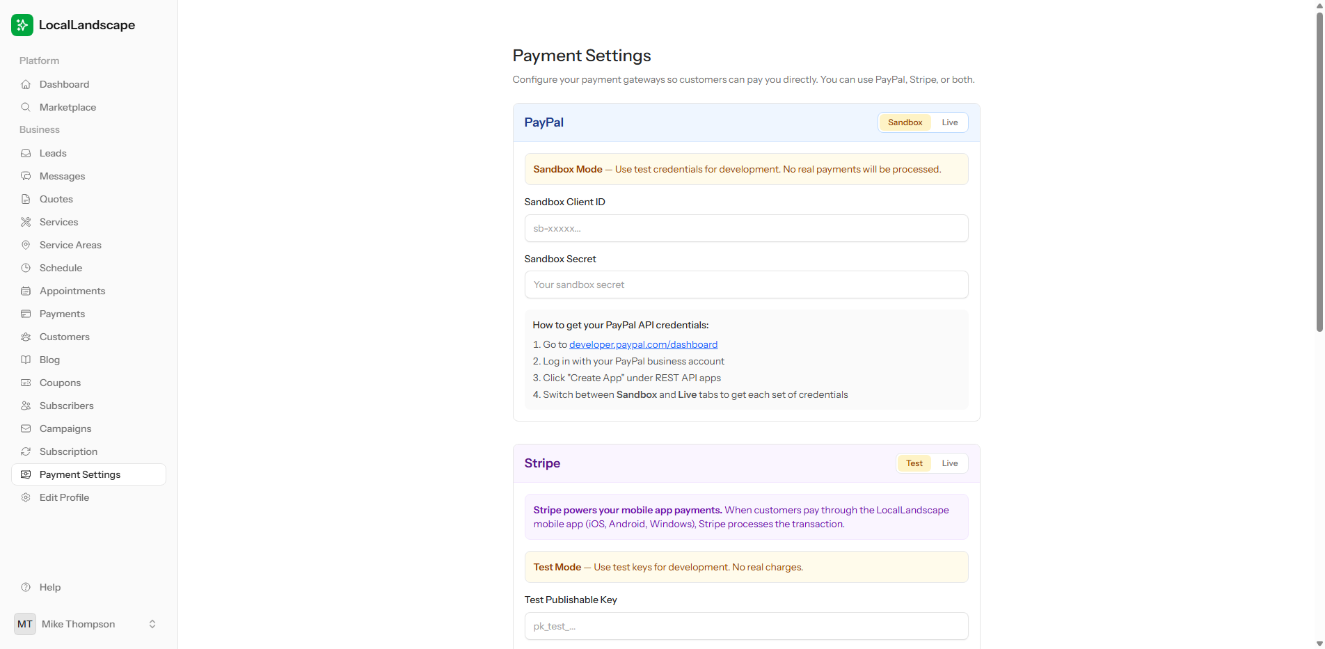 LocalLandscape payment settings showing PayPal and Stripe configuration with sandbox and live mode options