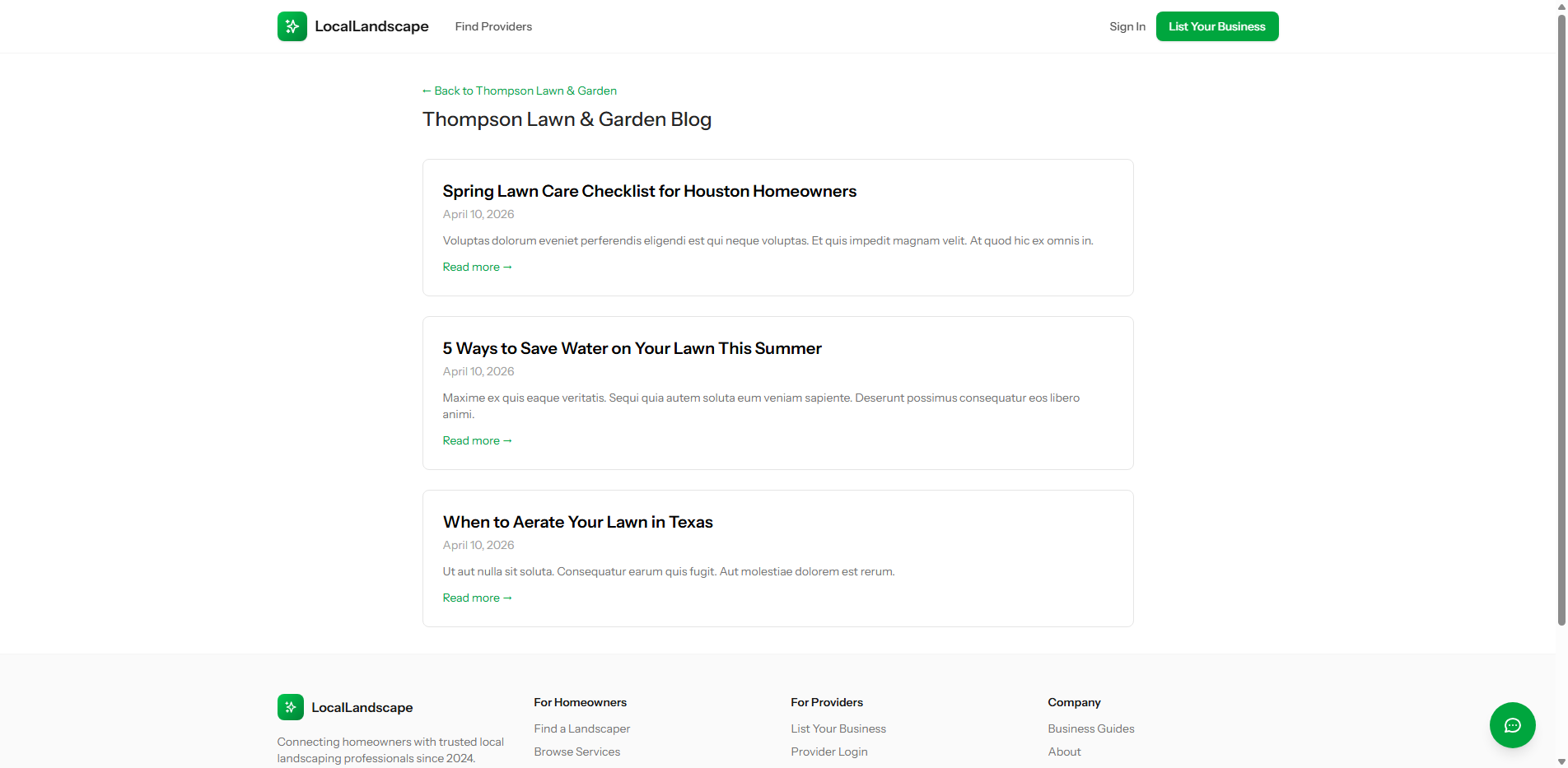 LocalLandscape public blog showing lawn care articles with provider branding and Read more links that attract organic search traffic