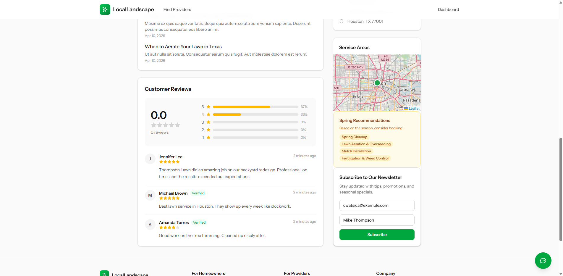 LocalLandscape customer reviews section showing three reviews with star ratings, verified badges, and review comments alongside a service area map