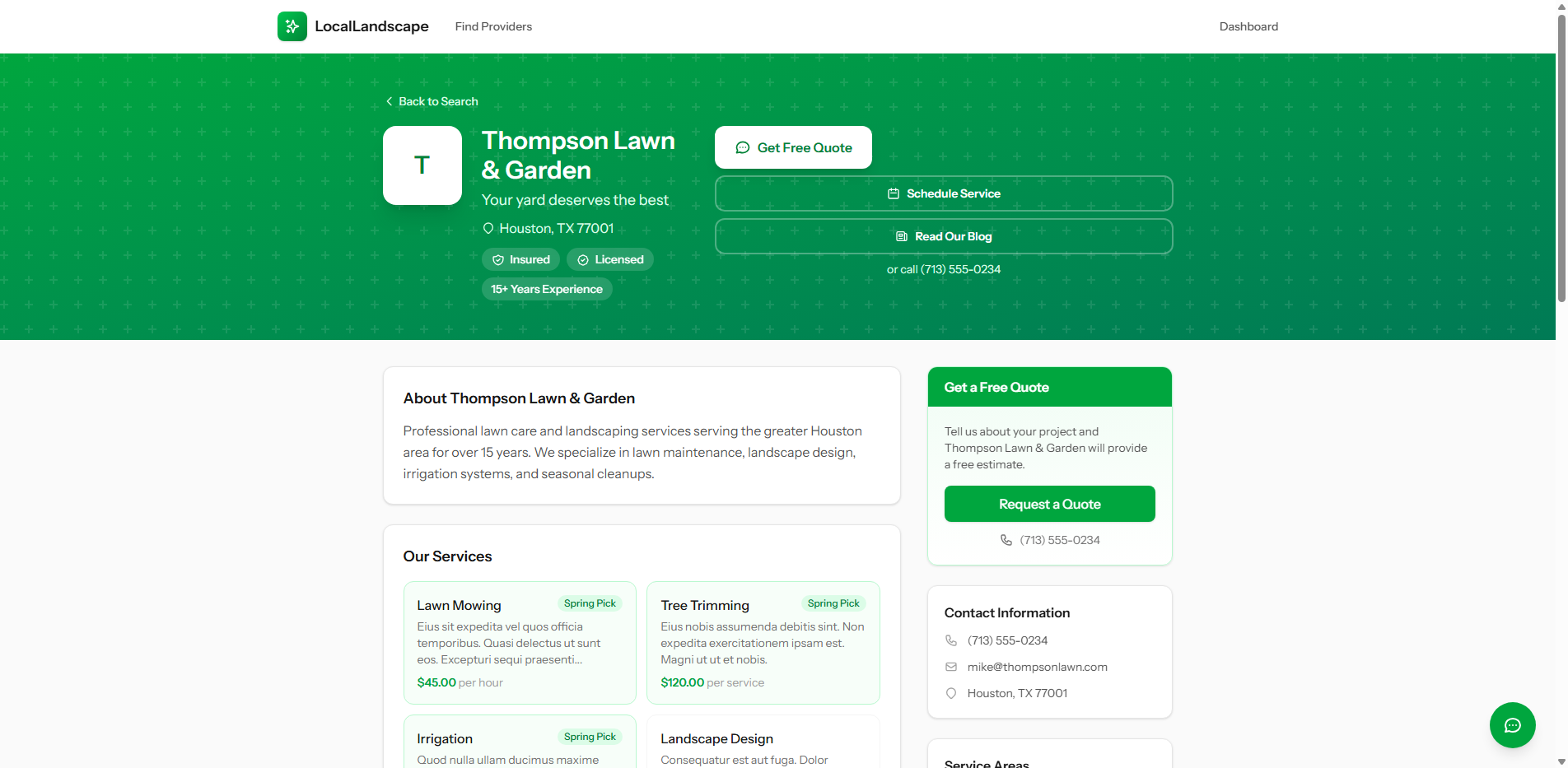 LocalLandscape provider public profile page showing the AI chatbot widget in the bottom right corner ready to answer customer questions