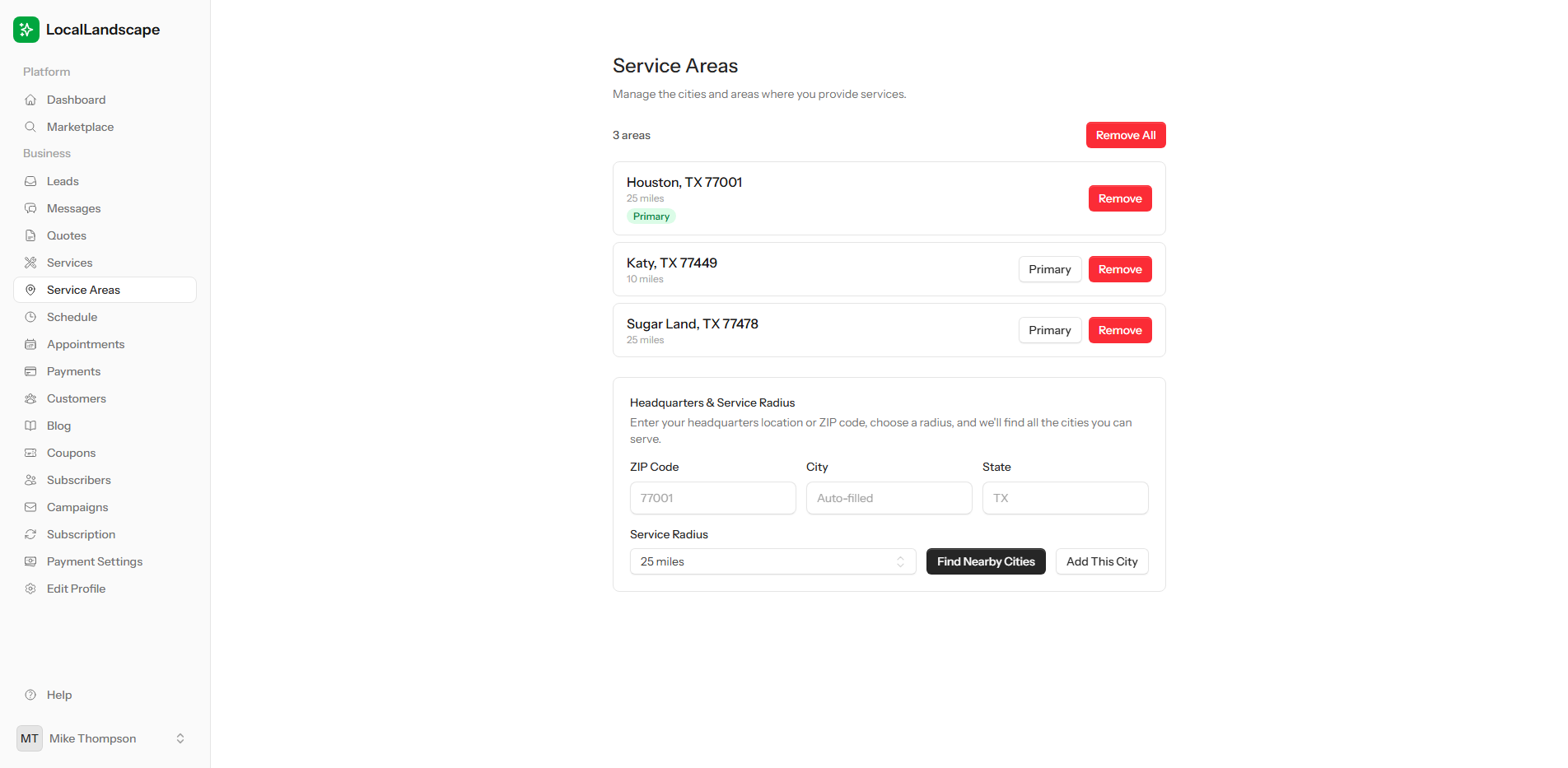 LocalLandscape service areas page showing three cities in Texas with primary badges and a headquarters radius form with Find Nearby Cities button